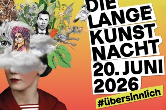 Surrealistische Collage mit Frauenkopf, Naturelementen und Text 'Die lange Kunstnacht, 20. Juni 2026 #übersinnlich'.