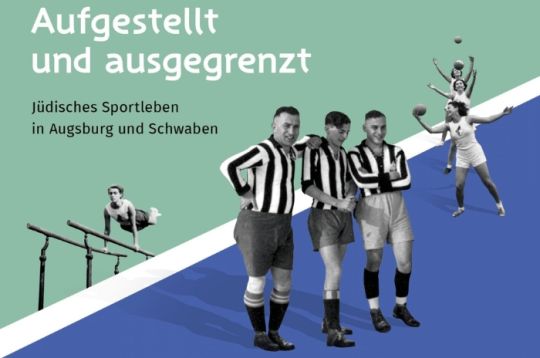 Historische Sportbilder mit sportlich aktiven Personen auf grün-blauem Hintergrund.