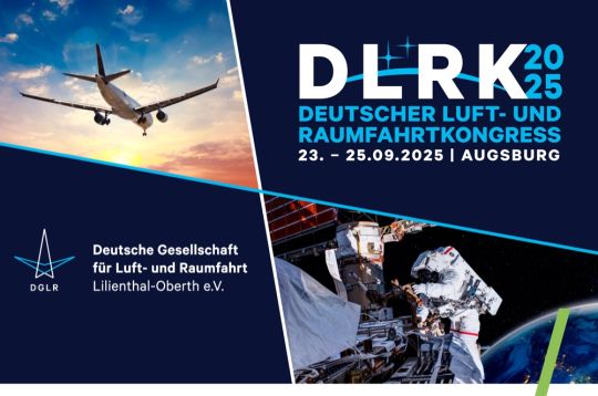 Flugzeug im Sonnenuntergang und Astronaut im Weltraum mit Infos zum Deutschen Luft- und Raumfahrtkongress 2025 in Augsburg.