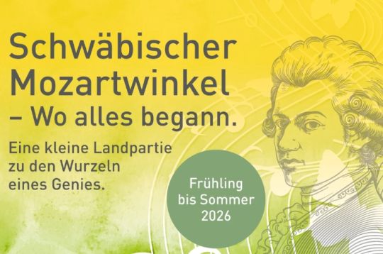 Grafik zur Veranstaltungsreihe 'Schwäbischer Mozartwinkel' im Frühling bis Sommer 2026 mit Mozart-Porträt im Hintergrund.