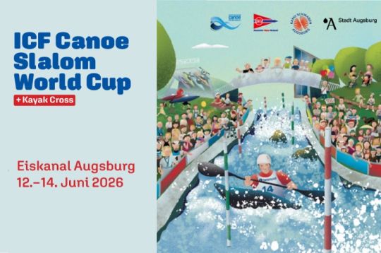 Plakat des ICF Kanu-Slalom-Weltcups mit Kajak-Rennillustration. Veranstaltung in Augsburg, 12.-14. Juni 2026.