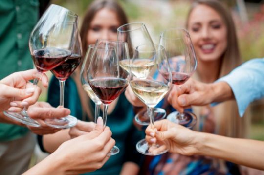 Gruppe von Menschen stößt im Freien mit Weingläsern an.