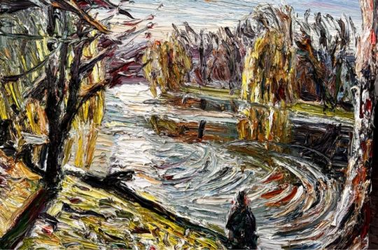 Expressionistisches Gemälde eines Flussufers mit Bäumen, dicker Farbschicht und intensiven Farben.