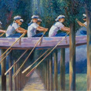 Surreales Gemälde von Ruderern, die ein Boot zwischen Bäumen manövrieren.