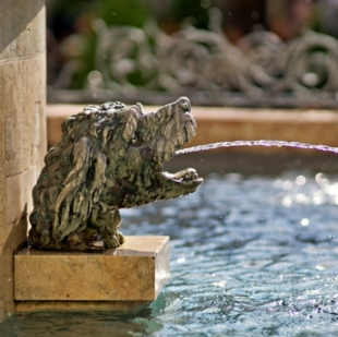 Ein löwenförmiger Wasserspeier an einem Brunnen, der Wasser in ein Becken spritzt, vor einem unscharfen Hintergrund.