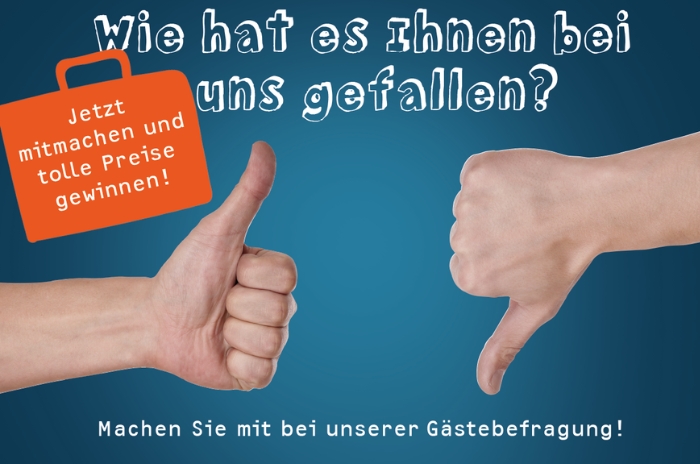 Zwei Hände mit Daumen hoch und runter, Text: Machen Sie bei unserer Gästebefragung mit!