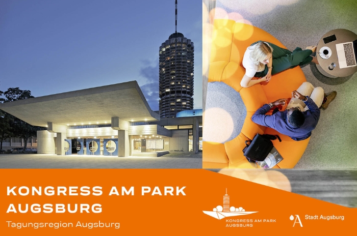Collage vom Kongress am Park Augsburg Gebäude und zwei Personen in einer Besprechung.